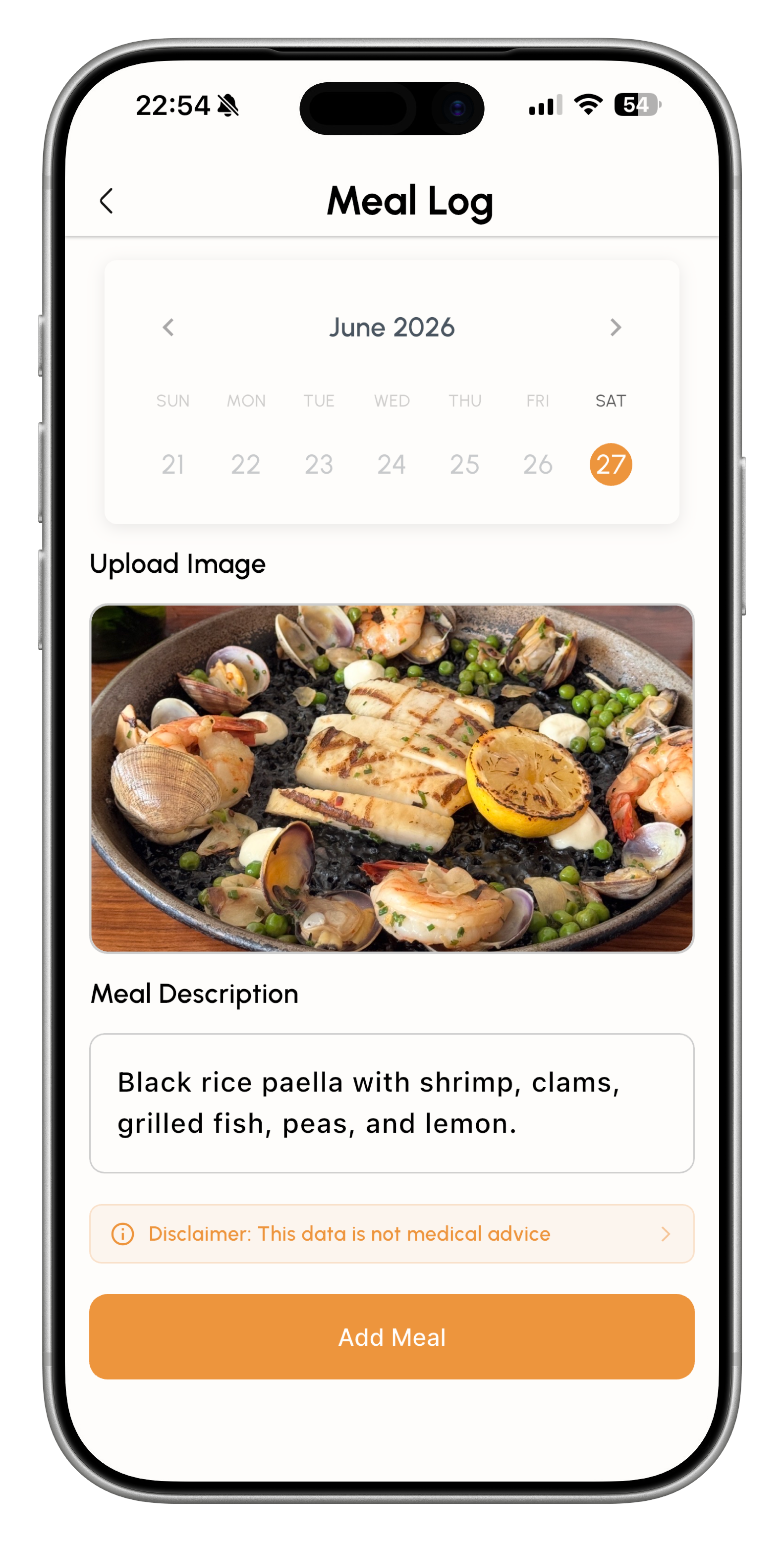 LifeVibe demo meal log with photo and meal description